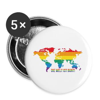 Die Welt ist bunt - Regenbogenweltkarte - Buttons groß 56 mm (5er Pack) - Weiß - Vorne