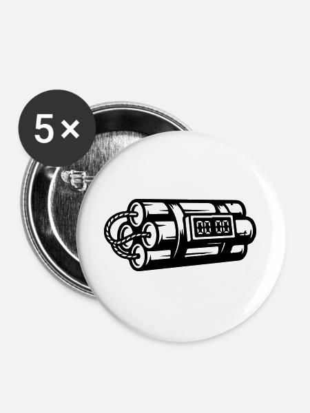 Zeitbombe Sprengstoff Dynamit - Buttons groß 56 mm (5er Pack) - Weiß