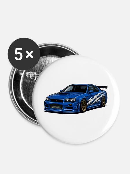 Blauer Sportwagen mit Streifen - Buttons groß 56 mm (5er Pack) - Weiß