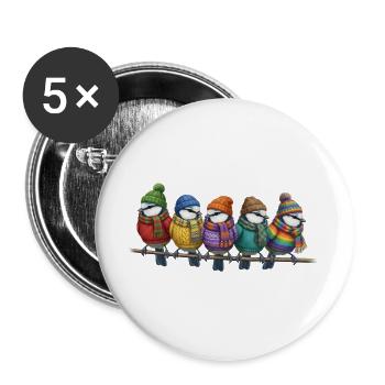 Blaumeisen mit Strickschals Winter Weihnachten - Buttons groß 56 mm (5er Pack) - Weiß - Vorne