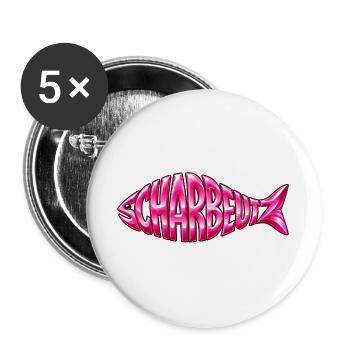 Scharbeutz Fischschrift Pink - Buttons groß 56 mm (5er Pack) - Weiß - Vorne
