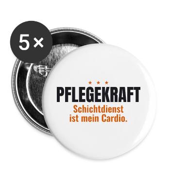 Pflegekraft Shirt – Schichtdienst ist mein Cardio - Buttons groß 56 mm (5er Pack) - Weiß - Vorne