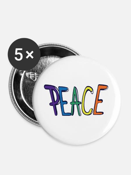 Bunter Peace Schriftzug - Buttons groß 56 mm (5er Pack) - Weiß