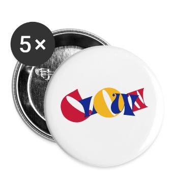 Clown Bunte Buchstaben Text Logo Witzig Lustig - Buttons groß 56 mm (5er Pack) - Weiß - Vorne