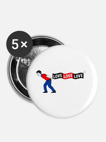 Mann zieht LOVE Banner - Buttons groß 56 mm (5er Pack) - Weiß