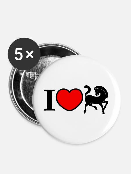 Ich Herz mit schwarzem Pferd - Buttons groß 56 mm (5er Pack) - Weiß