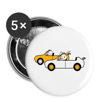 Hase Vogel Küken 2 Auto fahren Team Zwei Freunde - Buttons groß 56 mm (5er Pack) - Weiß - Vorne
