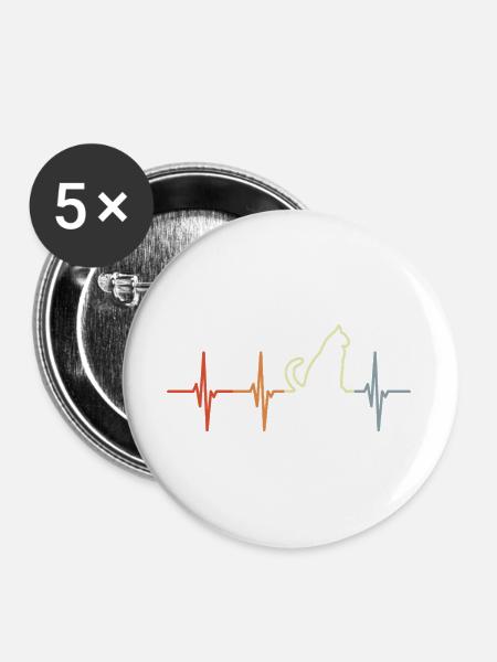 Katze Herzschlag Retro Look - Buttons groß 56 mm (5er Pack) - Weiß