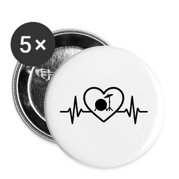 Herz Schlagzeug Bassdrum Becken - Buttons groß 56 mm (5er Pack) - Weiß - Vorne