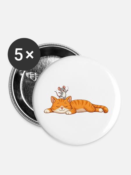 Schlafende Katze mit fröhlicher Maus - Buttons groß 56 mm (5er Pack) - Weiß