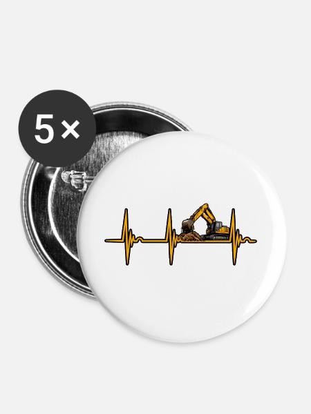 Baggerfahrer Herzschlag EKG Bagger T-Shirt - Buttons groß 56 mm (5er Pack) - Weiß