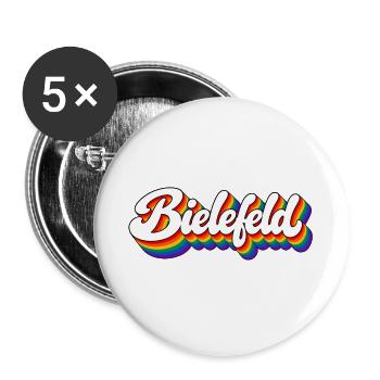 Bielefeld - Regenbogen Schrift - Deutschalnd - Buttons groß 56 mm (5er Pack) - Weiß - Vorne