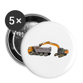 L’excavatrice charge les camions - Lot de 5 grands badges (56 mm) - blanc - Devant