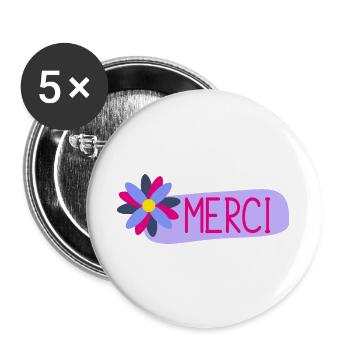 MERCI. THANKS. THANK YOU. ANNIVERSAIRE. NAISSANCE. - Lot de 5 grands badges (56 mm) - blanc - Devant
