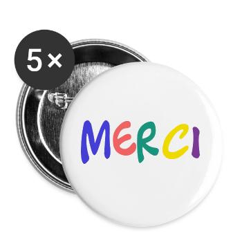 MERCI. THANKS. THANK YOU. ANNIVERSAIRE. NAISSANCE. - Lot de 5 grands badges (56 mm) - blanc - Devant