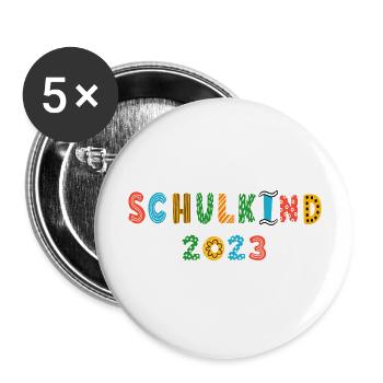 Schulkind 2023 Mädchen Junge Erste Klasse - Buttons groß 56 mm (5er Pack) - Weiß - Vorne