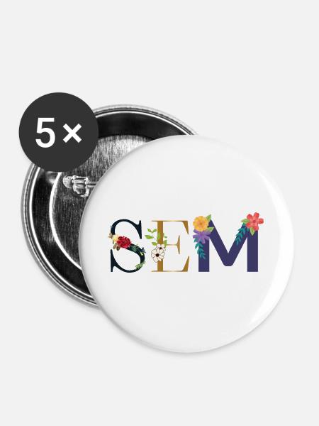 SEM Name mit Blumen geschmückt - Buttons groß 56 mm (5er Pack) - Weiß