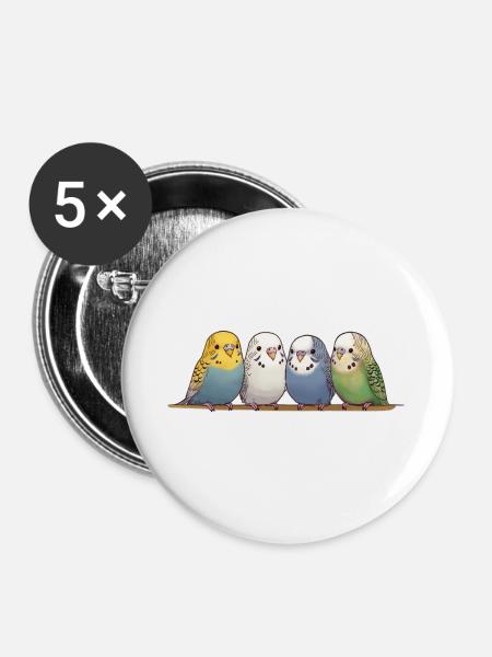 Lustige Wellensittiche - Buttons groß 56 mm (5er Pack) - Weiß