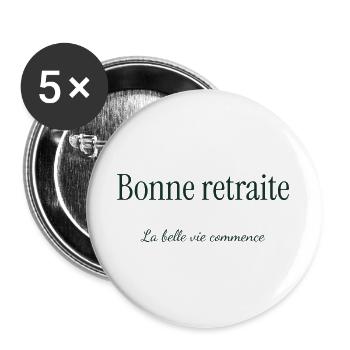 RUHESTAND. RUHESTAND. PENSIONIERT. RUHESTAND - Buttons groß 56 mm (5er Pack) - Weiß - Vorne