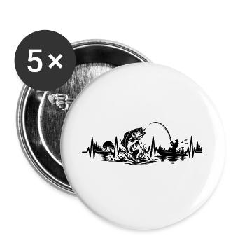 Angler Herzschlag EKG Fischer Boot Natur - Buttons groß 56 mm (5er Pack) - Weiß - Vorne