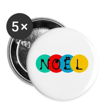 NOËL. JOYEUX NOËL. MERRY CHRISTMAS. NOUVEL AN - Lot de 5 grands badges (56 mm) - blanc - Devant