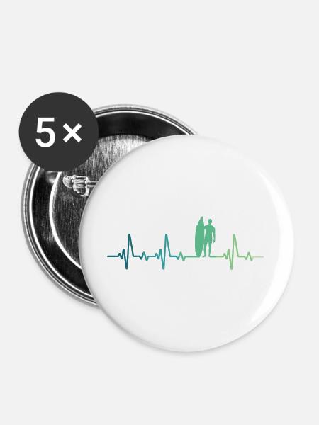 Surf-Herzschlag-Surfer-Geschenk - Buttons groß 56 mm (5er Pack) - Weiß