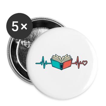 Lesen Herzschlag – Offenes Buch mit Herz - Buttons groß 56 mm (5er Pack) - Weiß - Vorne