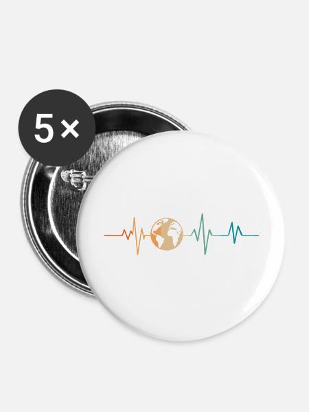 Retro Heartbeat Planet Erde - Buttons groß 56 mm (5er Pack) - Weiß