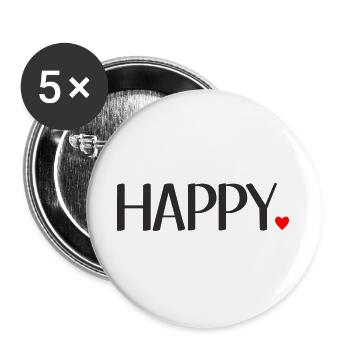 Happy Schriftzug mit rotem Herz – Positives Textde - Buttons groß 56 mm (5er Pack) - Weiß - Vorne