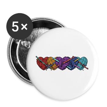 Häkelhaken und Wollknäuel – Häkelhandwerker - Buttons groß 56 mm (5er Pack) - Weiß - Vorne