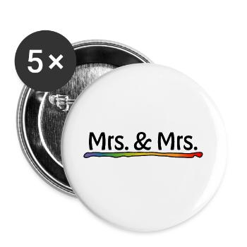 Lesbische Hochzeit - Regenbogen Mrs and Mrs - Buttons groß 56 mm (5er Pack) - Weiß - Vorne