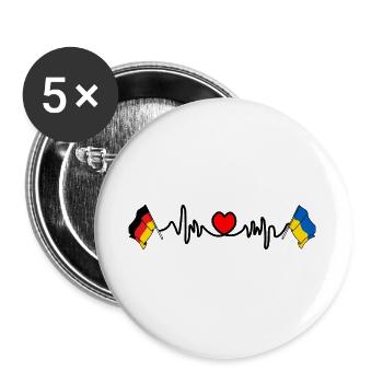 Cardioherz mit Flagge Deutschland und Flagge Ukraine - Buttons groß 56 mm (5er Pack) - Weiß - Vorne