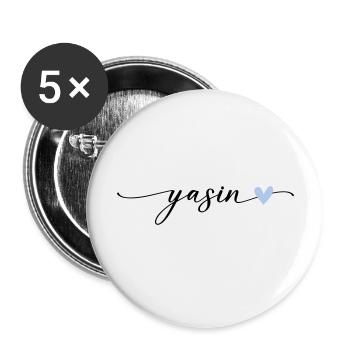 Police de calligraphie du nom Yasin - Lot de 5 grands badges (56 mm) - blanc - Devant