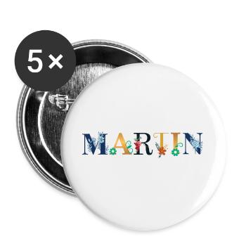 MARTIN Name mit Blumen geschmückt - Buttons groß 56 mm (5er Pack) - Weiß - Vorne