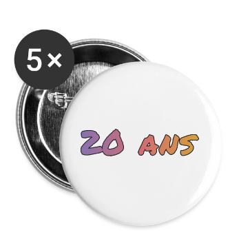 20. 20. JAHRESTAG. 20-JÄHRIGES JUBILÄUM. 20 JAHRE. - Buttons groß 56 mm (5er Pack) - Weiß - Vorne