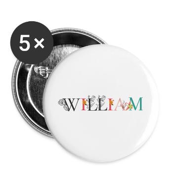 WILLIAM Namenskunst mit Blumen bestickt - Buttons groß 56 mm (5er Pack) - Weiß - Vorne