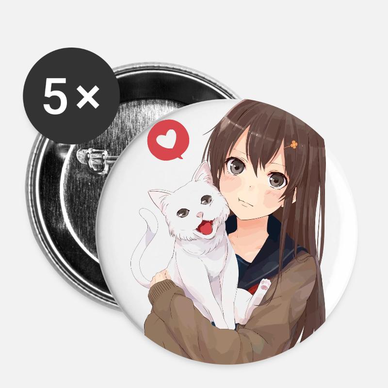 Mädchen mit Katze - Buttons groß 56 mm (5er Pack) - Weiß