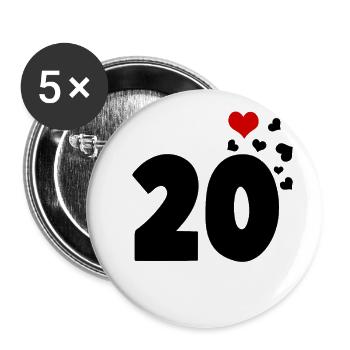 20 Herzen 20. Geburtstag - Buttons groß 56 mm (5er Pack) - Weiß - Vorne