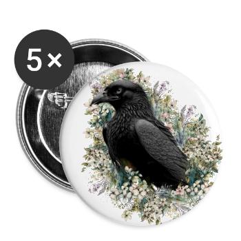 Mystischer schwarzer Rabe Krähe - Buttons groß 56 mm (5er Pack) - Weiß - Vorne