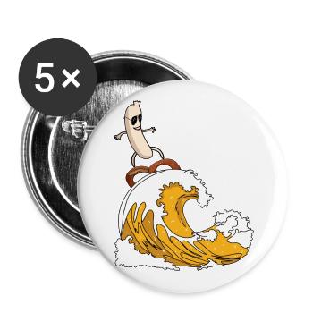 Weißwurst surfe sur la vague de la bière avec des bretzels - Bavière - Lot de 5 grands badges (56 mm) - blanc - Devant