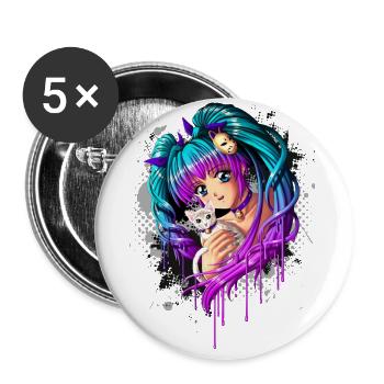Kitten and Pigtail Manga Girl - Buttons large 2.2''/56 mm (5-pack) - white - Front