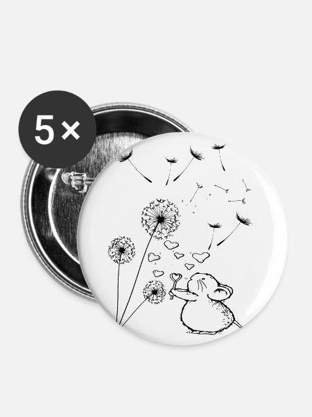 Süßes Mäuschen mit Pusteblume - Buttons groß 56 mm (5er Pack) - Weiß
