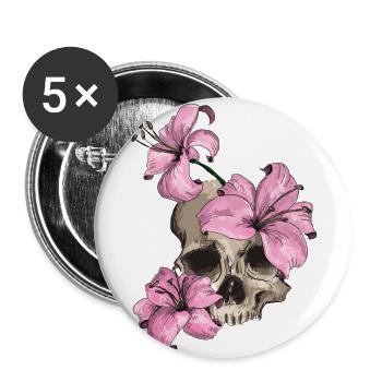 Totenkopf mit Lilien - Buttons groß 56 mm (5er Pack) - Weiß - Vorne