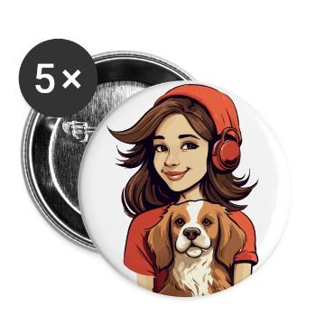 Nur ein Mädchenkopf und ihr Hund im Cartoon-Stil - Buttons groß 56 mm (5er Pack) - Weiß - Vorne