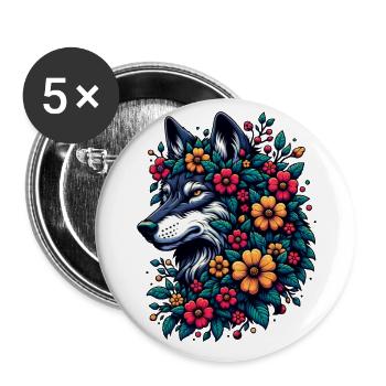 Wolf Mit Blumen Buntes Tiermotiv Grauwolf Blüten - Buttons groß 56 mm (5er Pack) - Weiß - Vorne