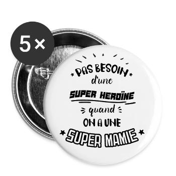 "Super Mamie" Idée De Cadeau Pour Grand-Mère - Lot de 5 grands badges (56 mm) - blanc - Devant
