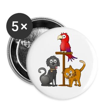 Schwarzer Hund, orangefarbene Katze und Papagei am Spieß - Buttons groß 56 mm (5er Pack) - Weiß - Vorne