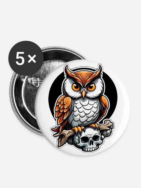 Eule sitzt auf Skull - Buttons groß 56 mm (5er Pack) - Weiß