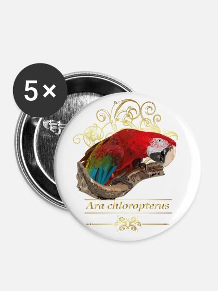 roter Ara - Buttons groß 56 mm (5er Pack) - Weiß