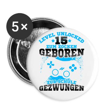 Level 15 Unlocked Geburtstag für Gamer - Buttons groß 56 mm (5er Pack) - Weiß - Vorne